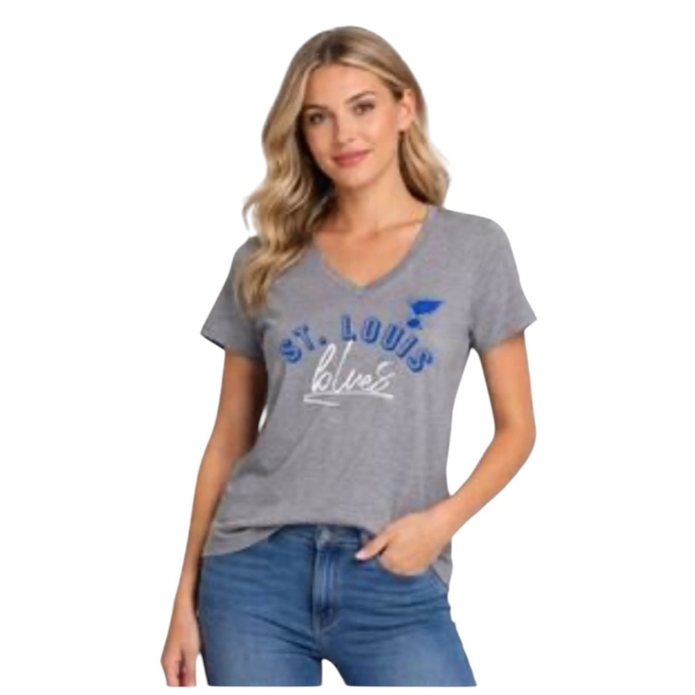 NHL St. Louis Blues Women's Heather Gray Team Arc Tee V-Neck T-Shirt LG NWT